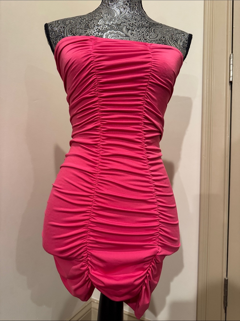 Strapless Ruched Bodycon Dress - Hot Pink